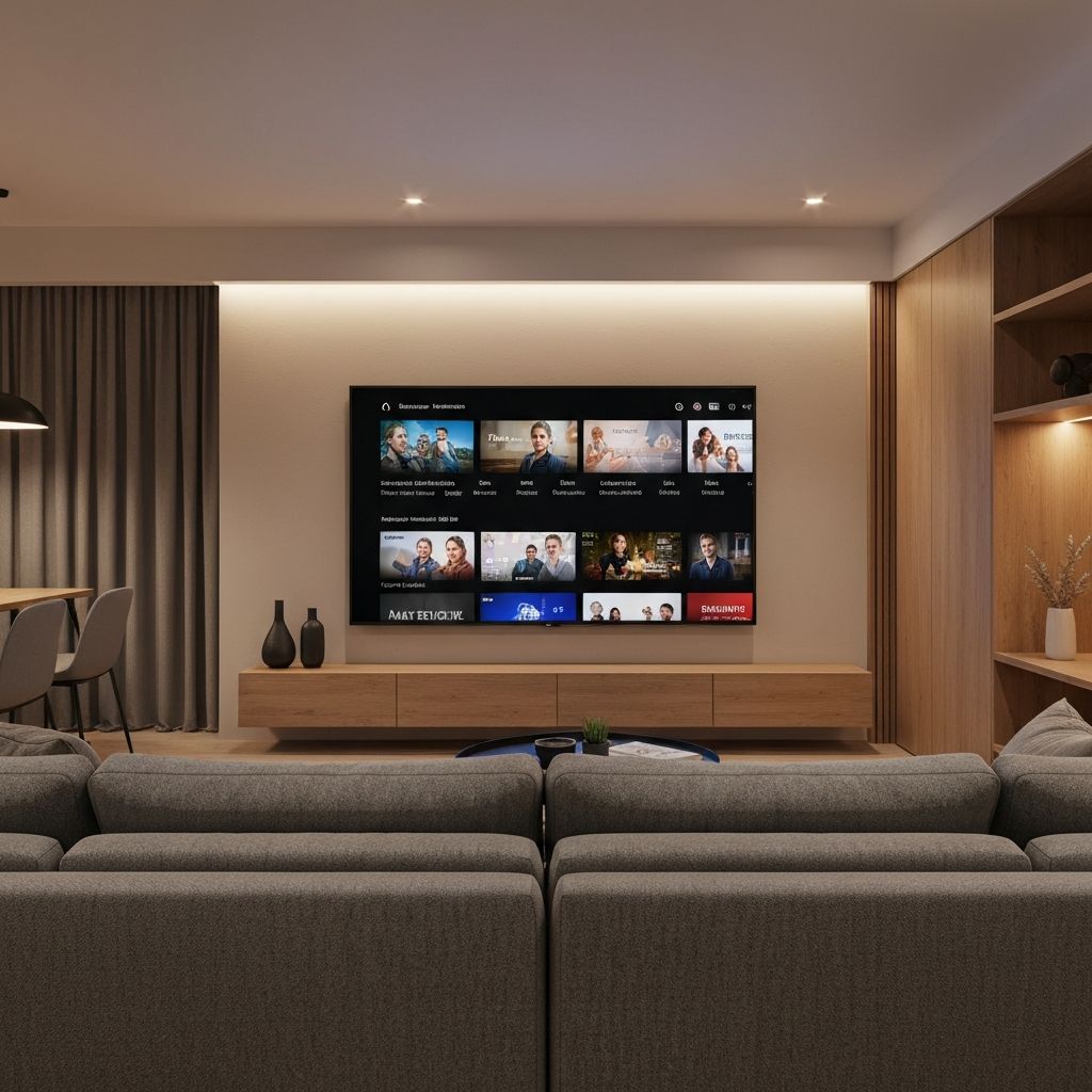 Modern living room with smart TV displaying streaming content